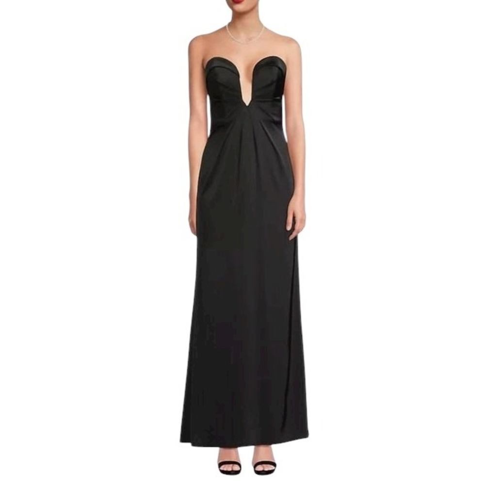Liv Foster Satin Black Plunge Neck Strapless Long Cocktail Wedding Guest Gown 8